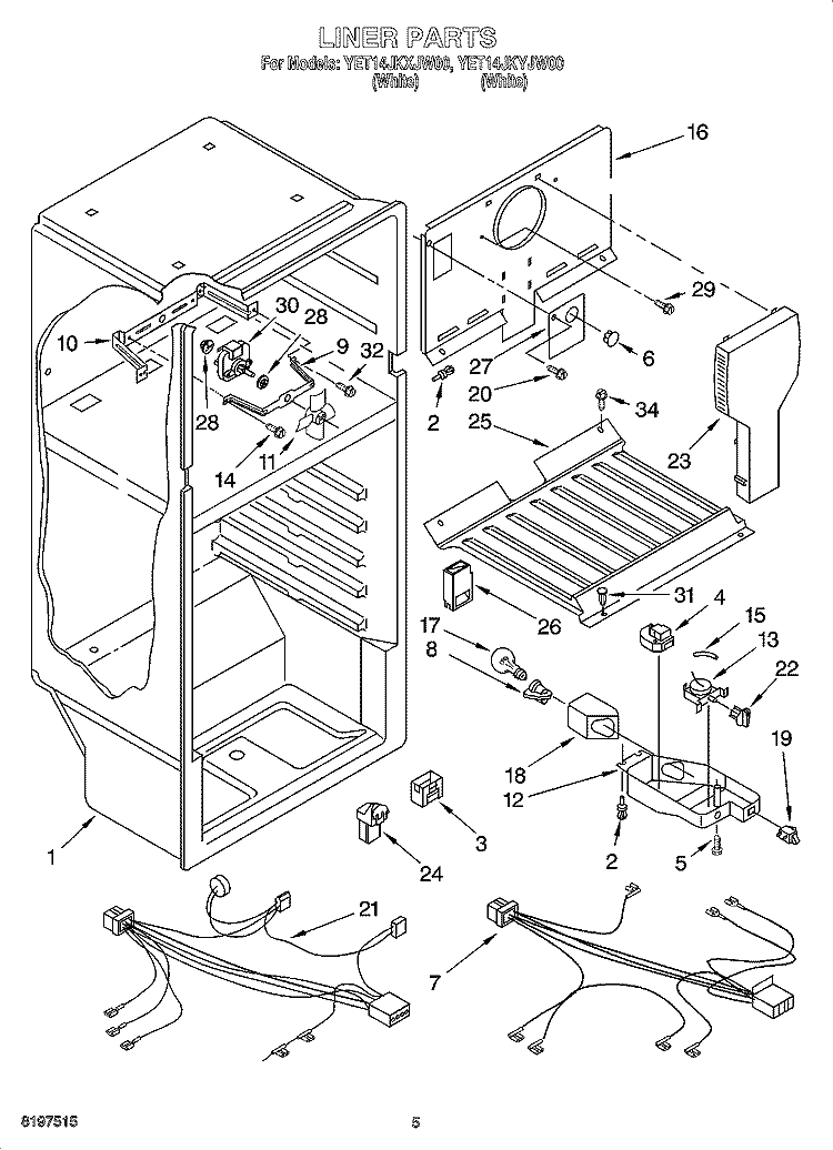LINER PARTS Diagram and Parts List for YET14JKYJW00  Whirlpool Refrigerator