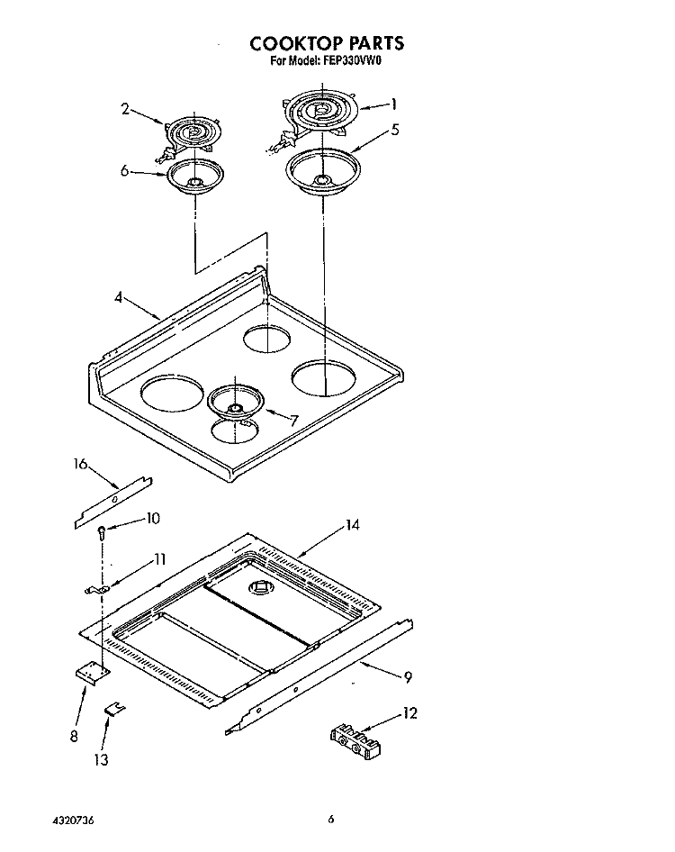 COOKTOP Diagram and Parts List for FEP330VW0  Roper Range