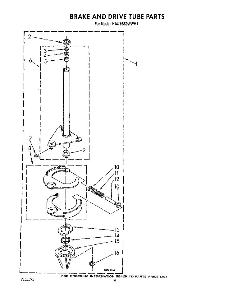 BRAKE AND DRIVE TUBE Diagram and Parts List for KAWE560WAL1  Whirlpool Washer