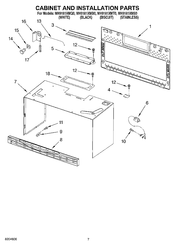 CABINET AND INSTALLATION PARTS Diagram and Parts List for MH9181XMQ0  Whirlpool Microwave