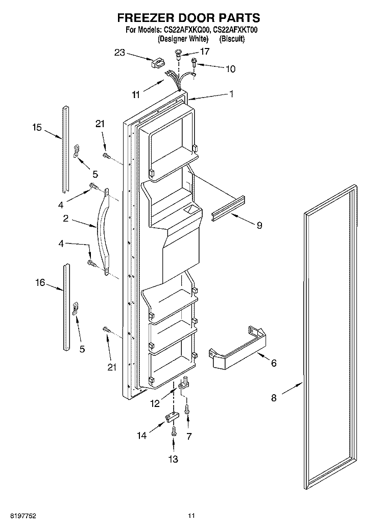 FREEZER DOOR Diagram and Parts List for CS22AFXKT00  Crosley Refrigerator