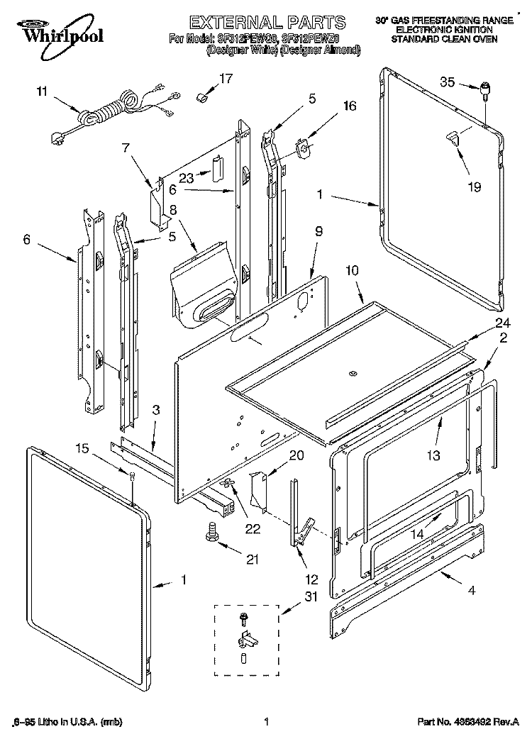 EXTERNAL Diagram and Parts List for SF312PEWZ0  Whirlpool Range