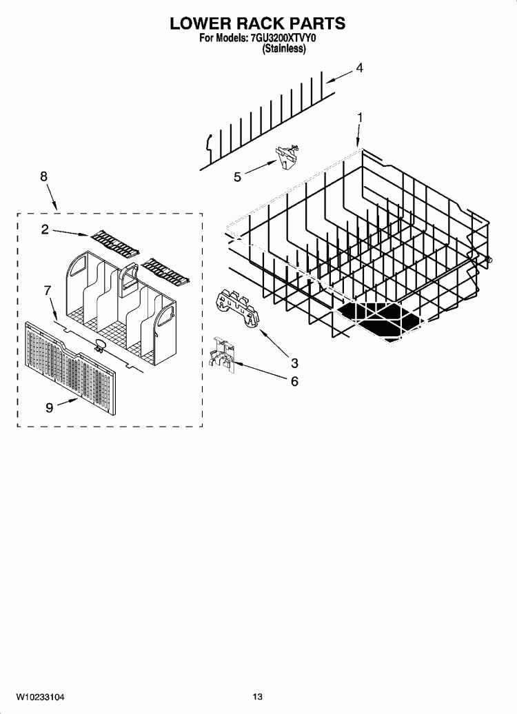 LOWER RACK PARTS, OPTIONAL PARTS (NOT INCLUDED) Diagram and Parts List for 7GU3200XTVY0  Whirlpool Dishwasher