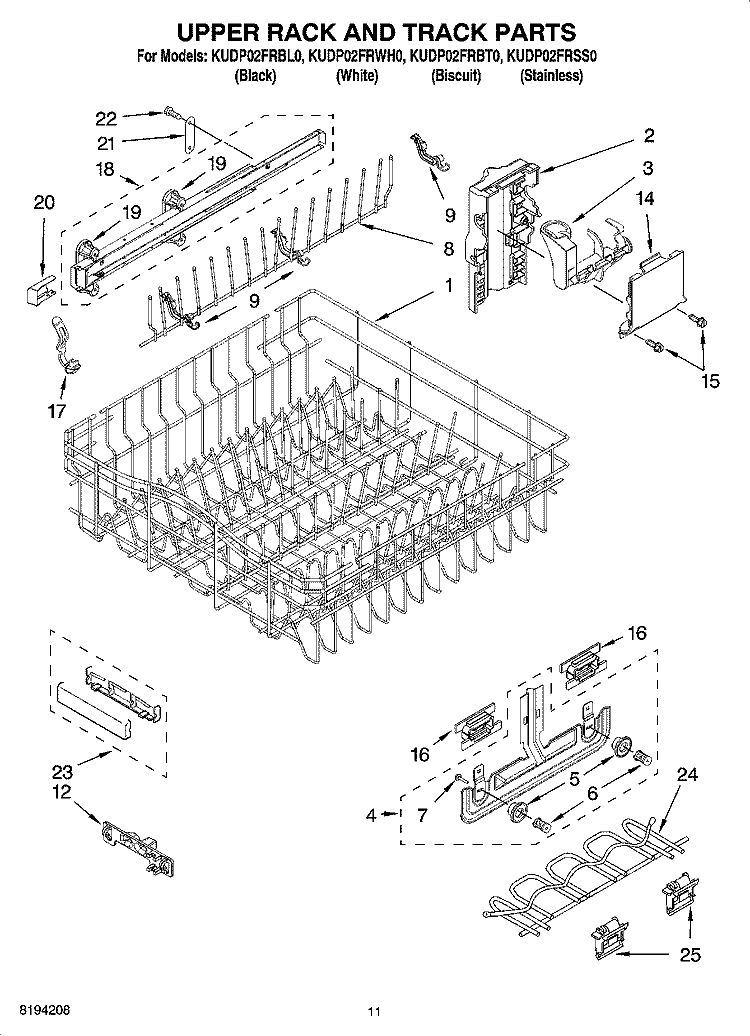 UPPER RACK AND TRACK PARTS Diagram and Parts List for KUDP02FRBT0  KitchenAid Dishwasher