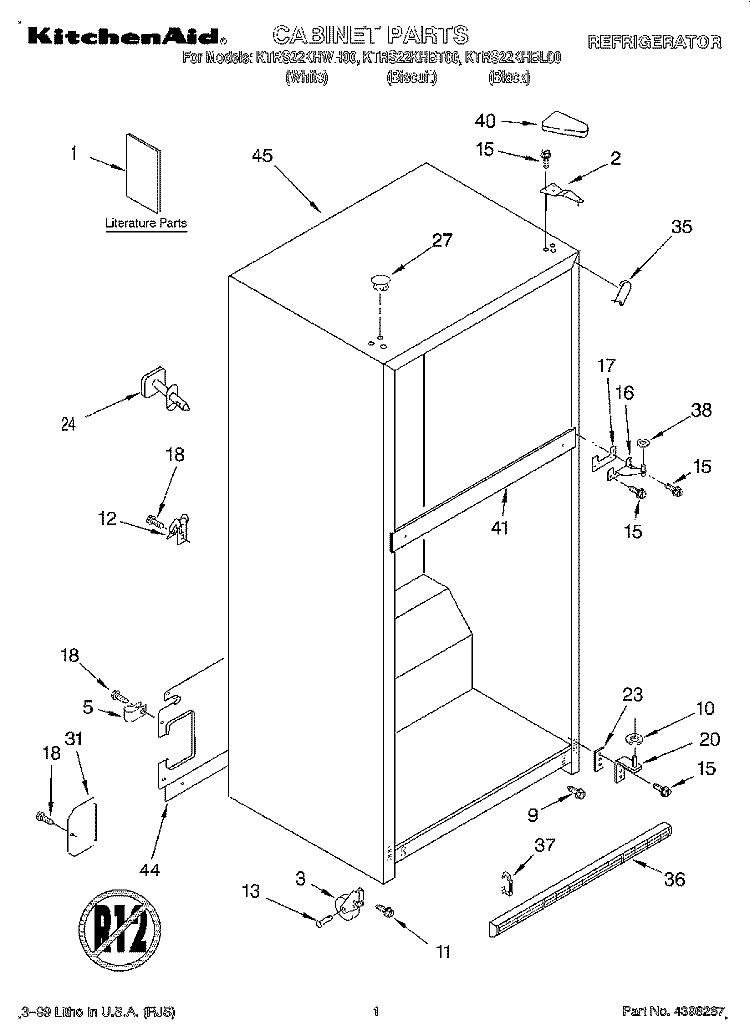 CABINET, LITERATURE Diagram and Parts List for KTRS22KHBL00  KitchenAid Refrigerator