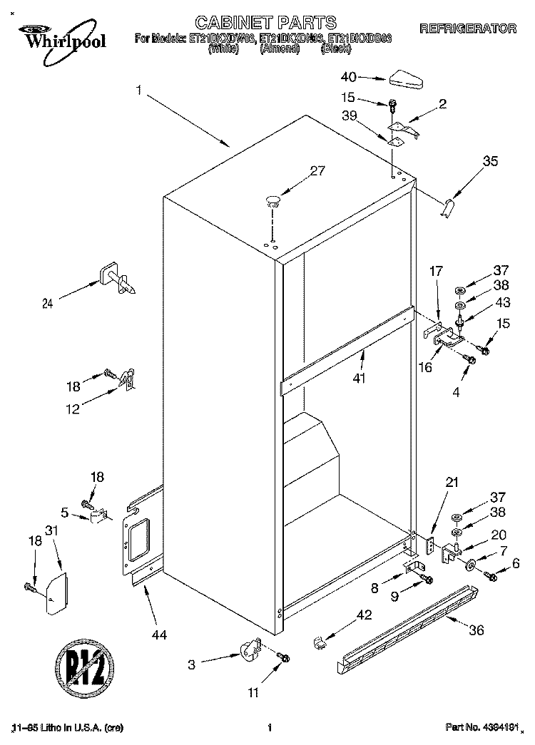 CABINET Diagram and Parts List for ET21DKXDN03  Whirlpool Refrigerator