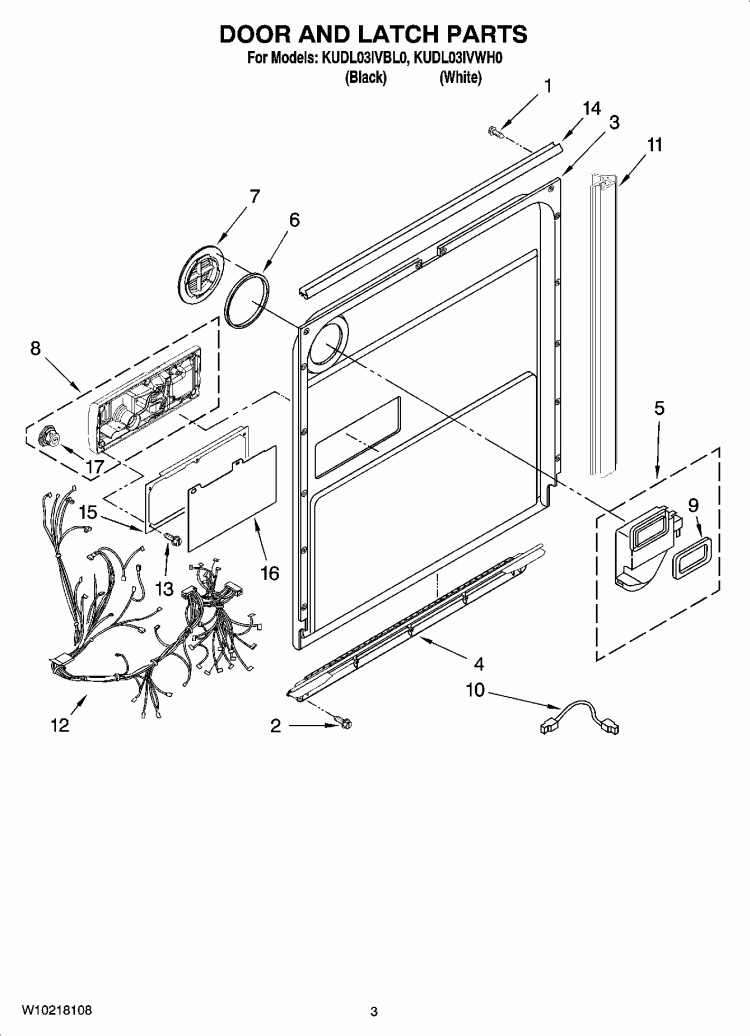DOOR AND LATCH PARTS Diagram and Parts List for KUDL03IVBL0  KitchenAid Dishwasher