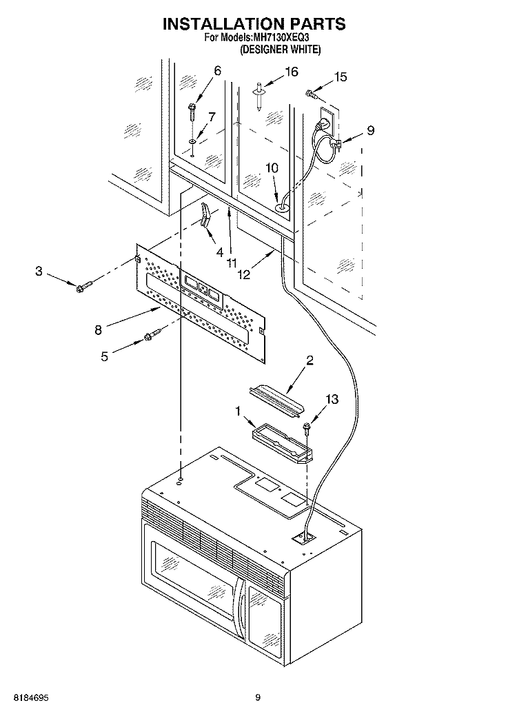 INSTALLATION Diagram and Parts List for MH7130XEQ3  Whirlpool Microwave