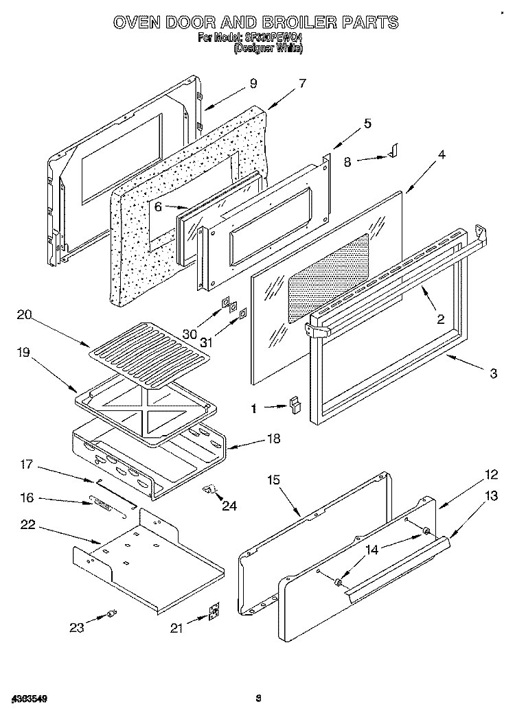 OVEN DOOR AND BROILER Diagram and Parts List for SF330PEWQ4  Whirlpool Range