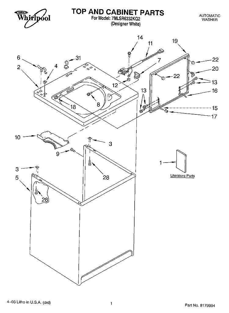 TOP AND CABINET PARTS Diagram and Parts List for 7MLSR6332KQ2  Whirlpool Washer