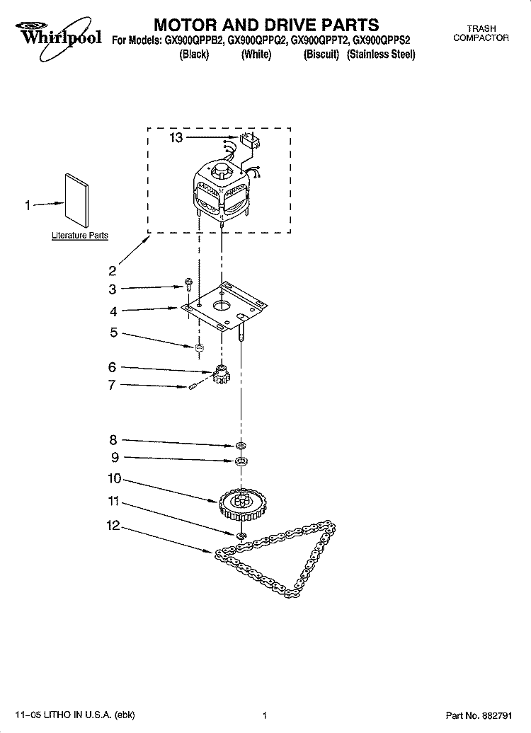 MOTOR AND DRIVE PARTS Diagram and Parts List for GX900QPPT2  Whirlpool Trash Compactor