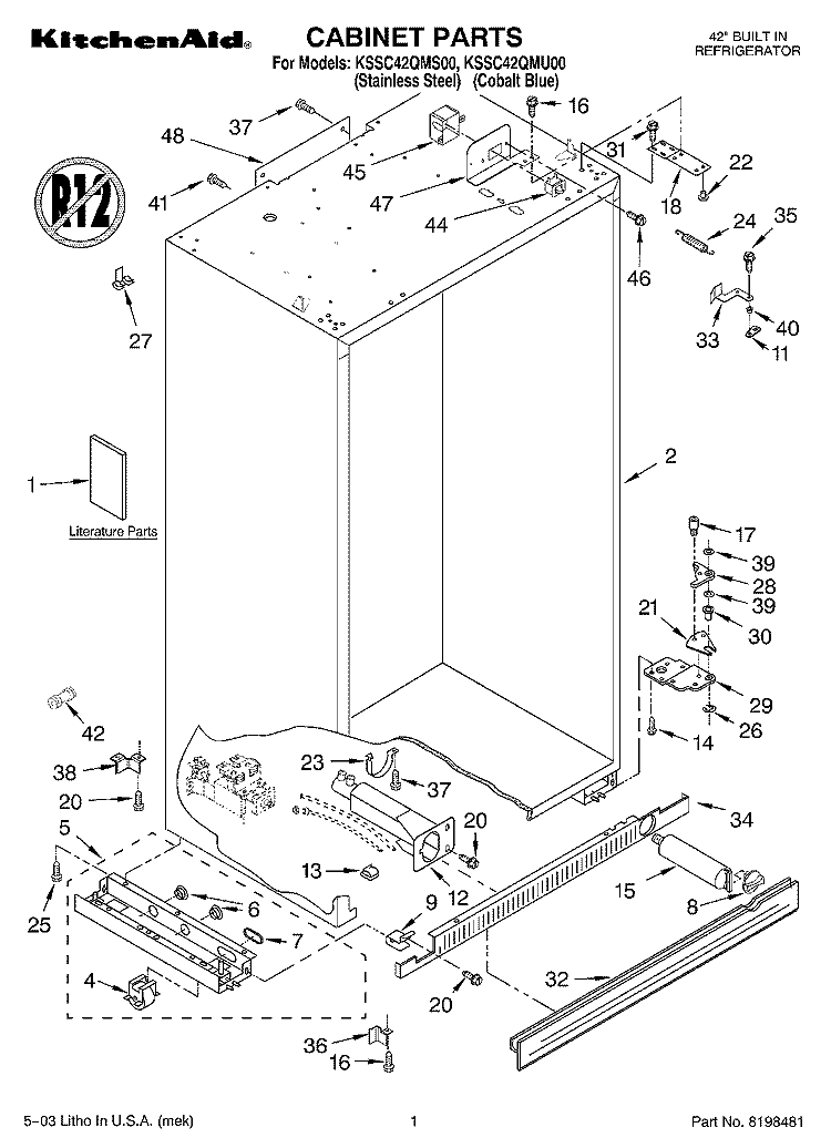 CABINET PARTS Diagram and Parts List for KSSC42QMS00  KitchenAid Refrigerator