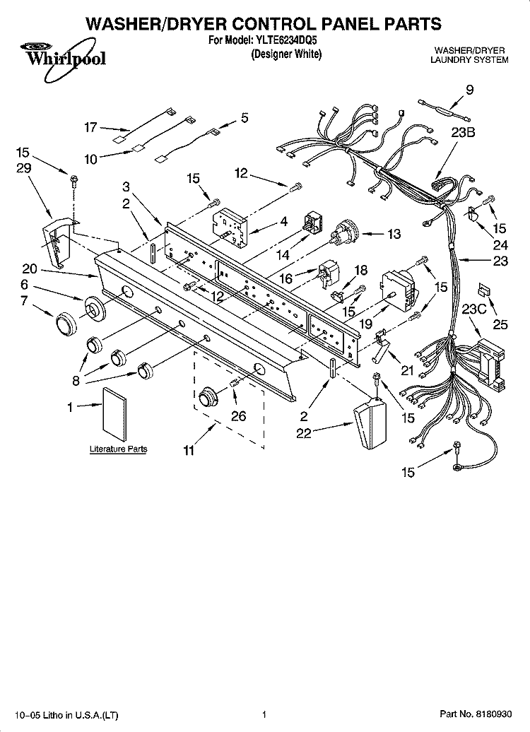 WASHER/DRYER CONTROL PANEL PARTS Diagram and Parts List for YLTE6234DQ5  Whirlpool Washer Dryer Combo