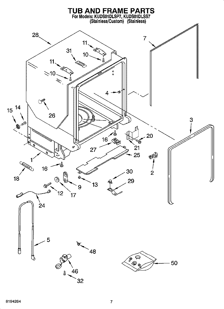 TUB AND FRAME PARTS Diagram and Parts List for KUDS01DLSP7  KitchenAid Dishwasher