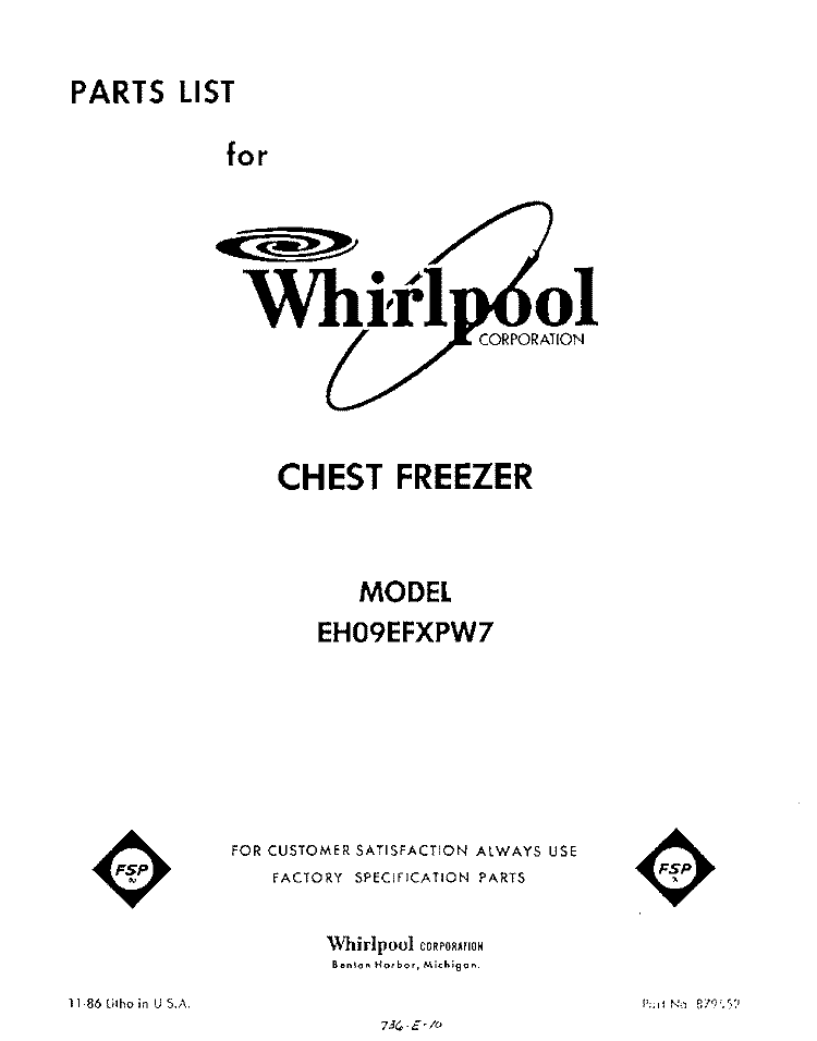SECTION Diagram and Parts List for EH09EFXPW7  Whirlpool Freezer