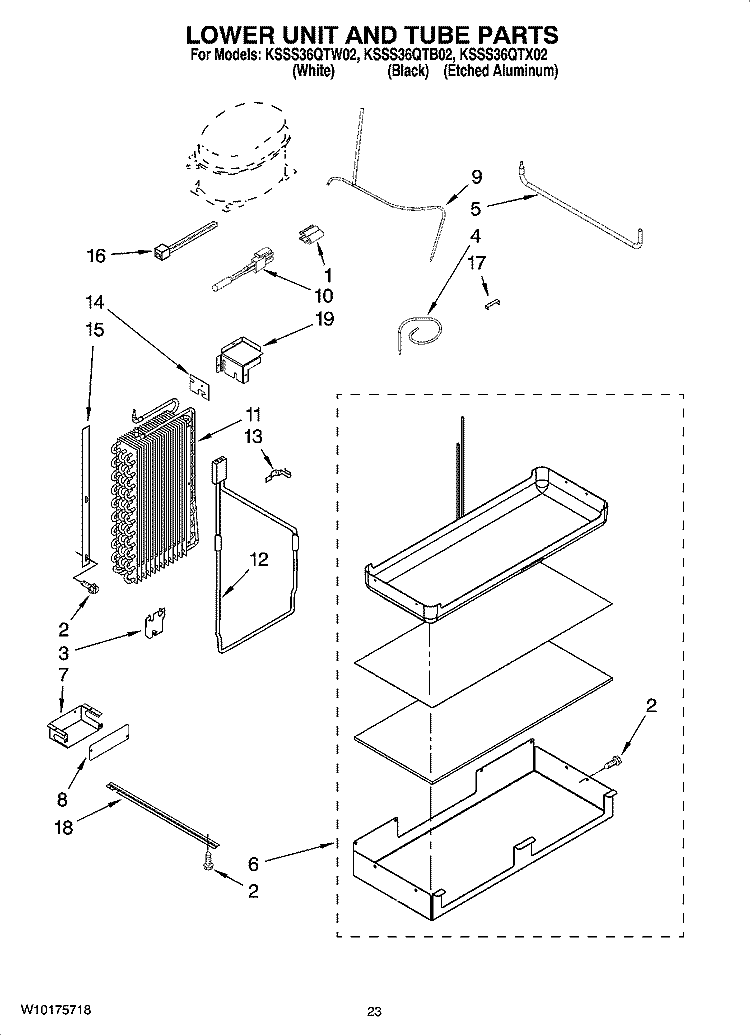 LOWER UNIT AND TUBE PARTS Diagram and Parts List for KSSS36QTB02  KitchenAid Refrigerator