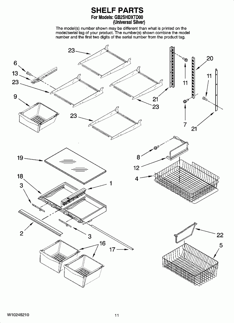 SHELF PARTS Diagram and Parts List for GB2SHDXTD00  Whirlpool Refrigerator