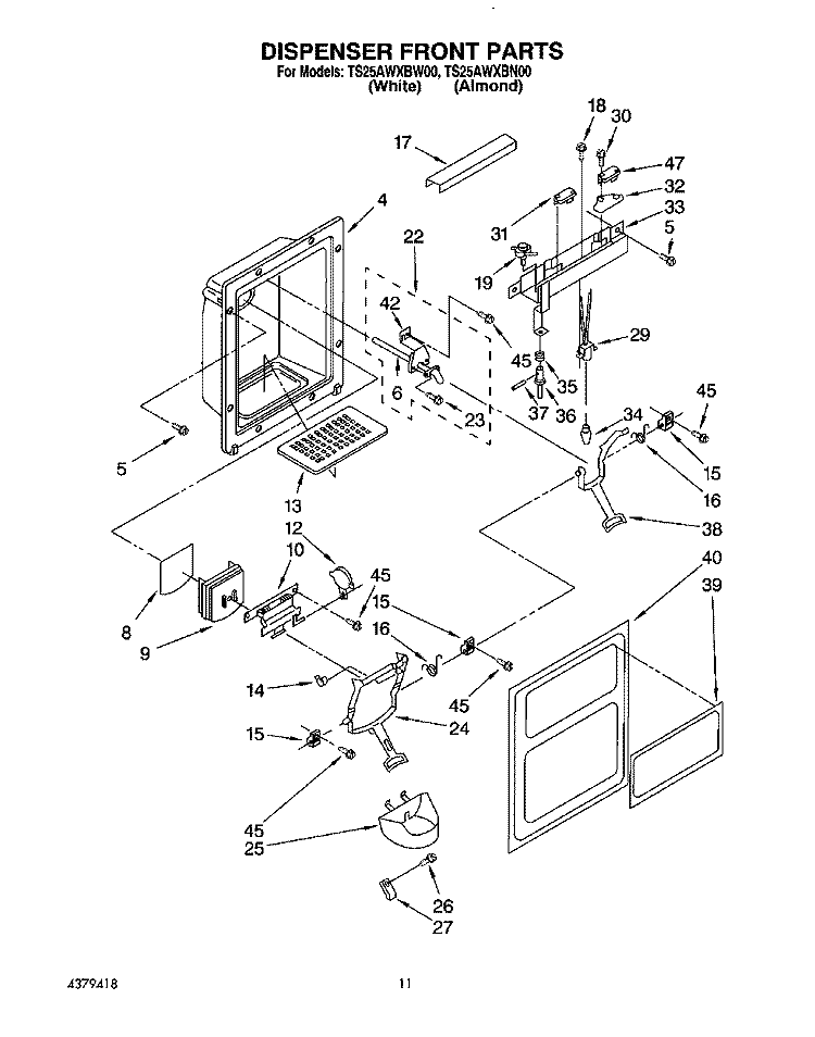 DISPENSER FRONT Diagram and Parts List for TS25AWXBW00  Estate Refrigerator