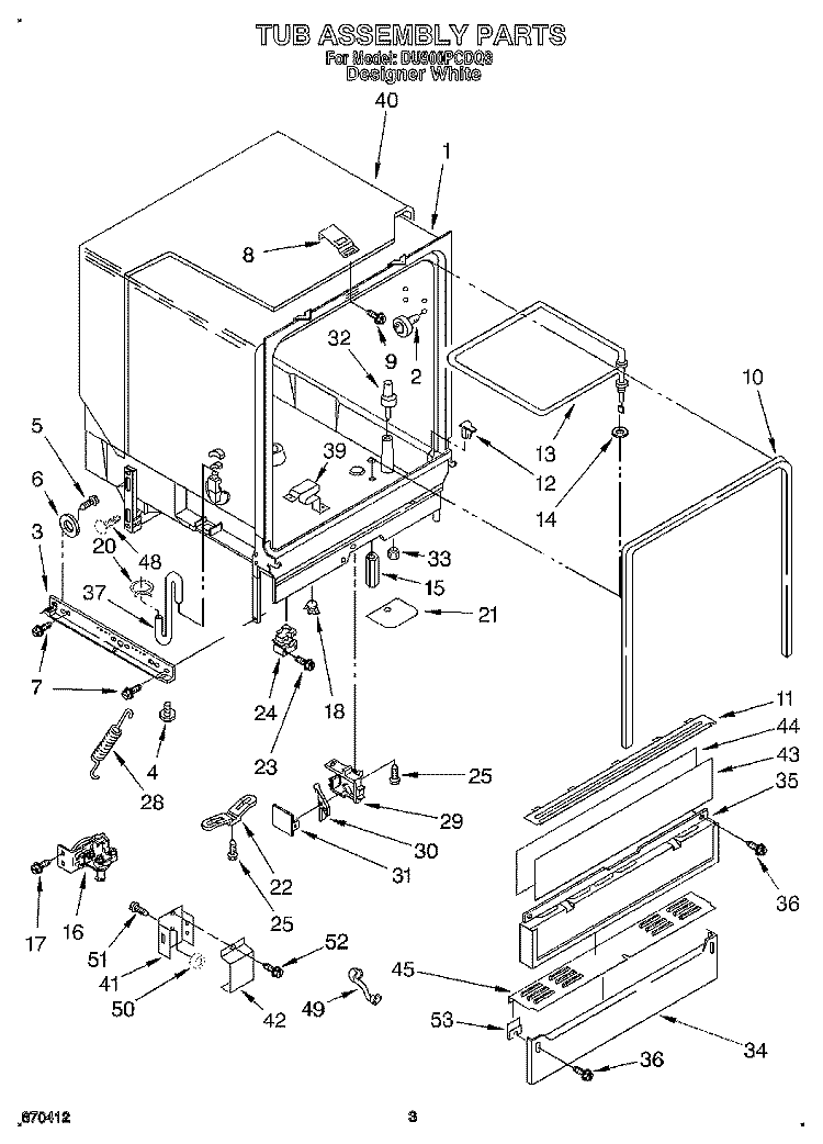 TUB ASSEMBLY Diagram and Parts List for DU900PCDQ3  Whirlpool Dishwasher