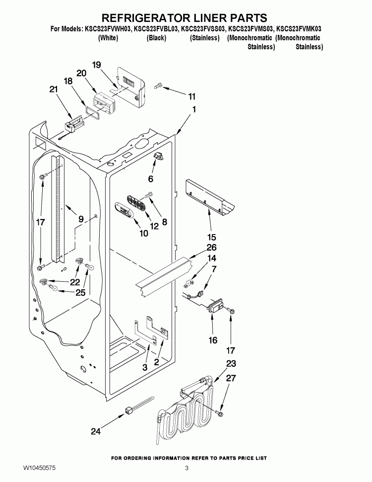 REFRIGERATOR LINER PARTS Diagram and Parts List for KSCS23FVSS03  KitchenAid Refrigerator