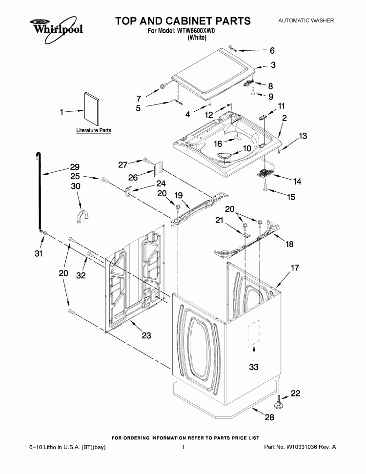 TOP AND CABINET PARTS Diagram and Parts List for WTW5600XW0  Whirlpool Washer