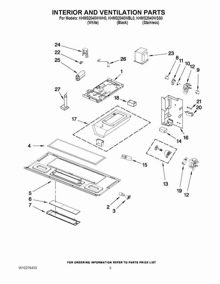 INTERIOR AND VENTILATION PARTS Diagram and Parts List for KHMS2040WBL0  KitchenAid Microwave