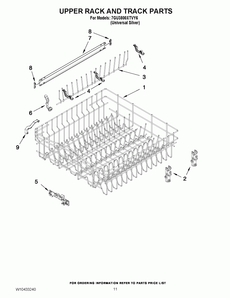 UPPER RACK AND TRACK PARTS Diagram and Parts List for 7GU3800XTVY5  Whirlpool Dishwasher