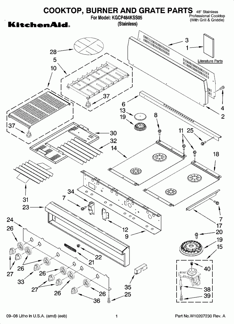 COOKTOP, BURNER AND GRATE PARTS Diagram and Parts List for KGCP484KSS05  KitchenAid Cooktop
