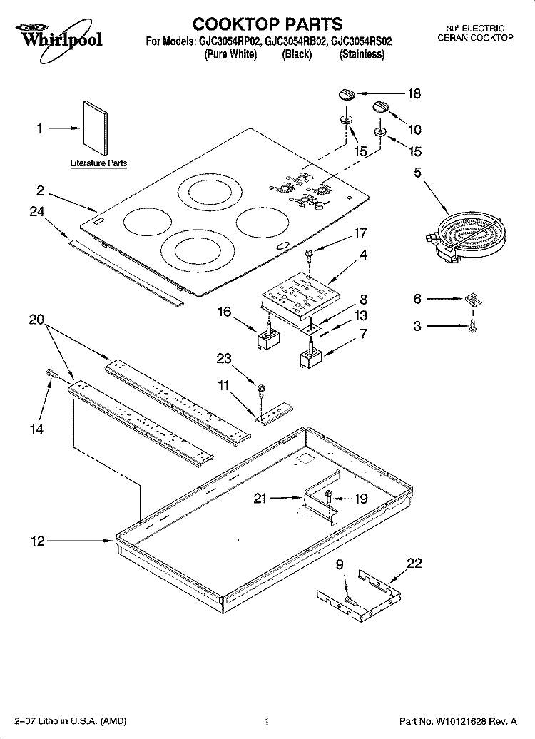 COOKTOP PARTS, OPTIONAL PARTS Diagram and Parts List for GJC3054RB02  Whirlpool Cooktop