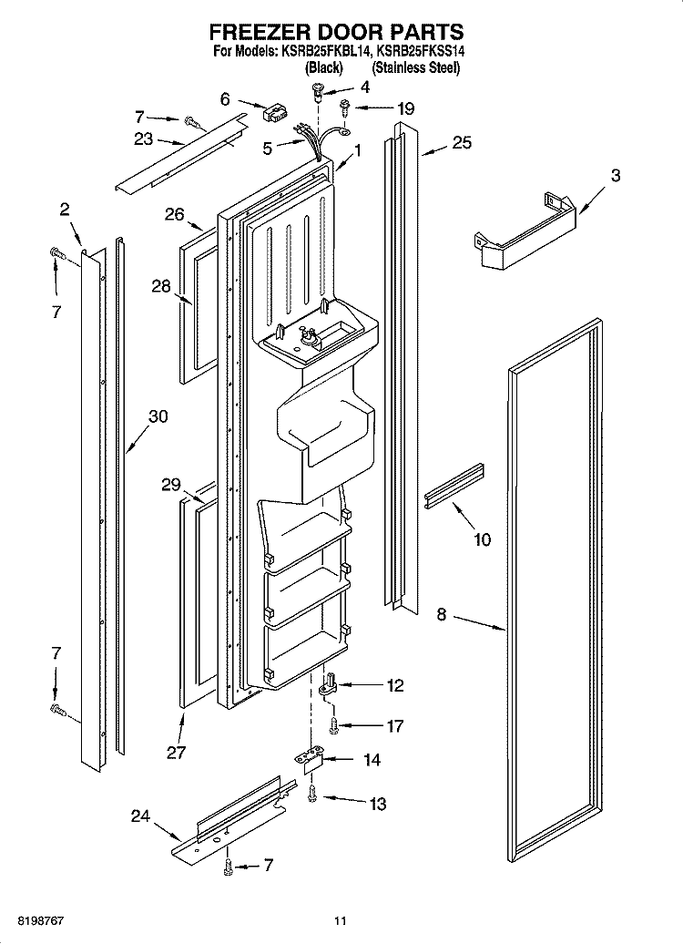 FREEZER DOOR PARTS Diagram and Parts List for KSRB25FKBL14  KitchenAid Refrigerator