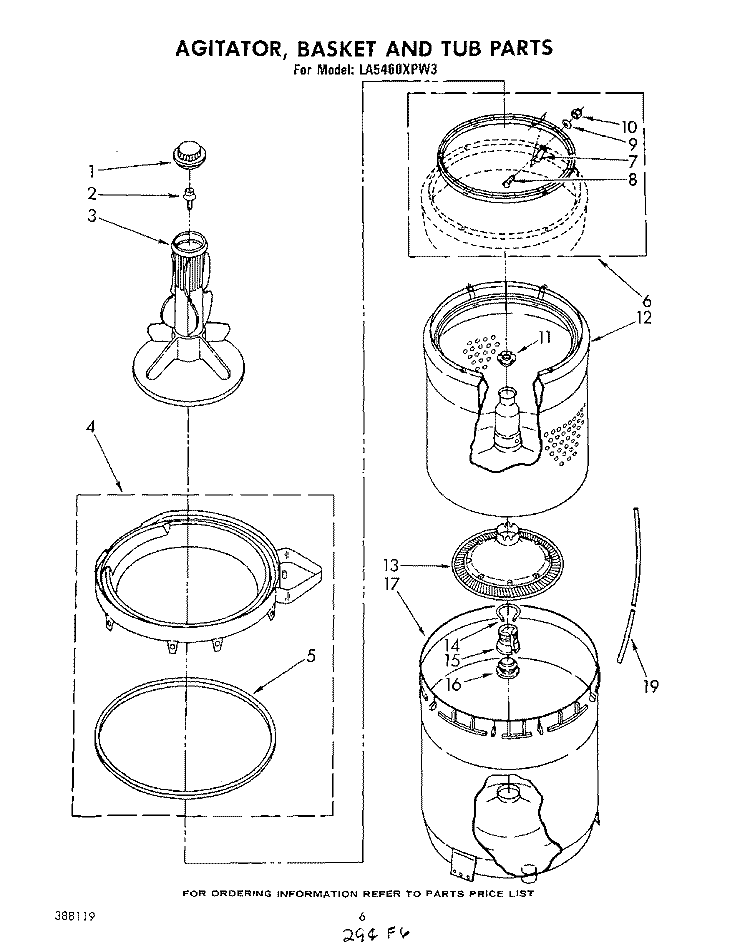 AGITATOR, BASKET AND TUB Diagram and Parts List for LA5460XPW3  Whirlpool Washer