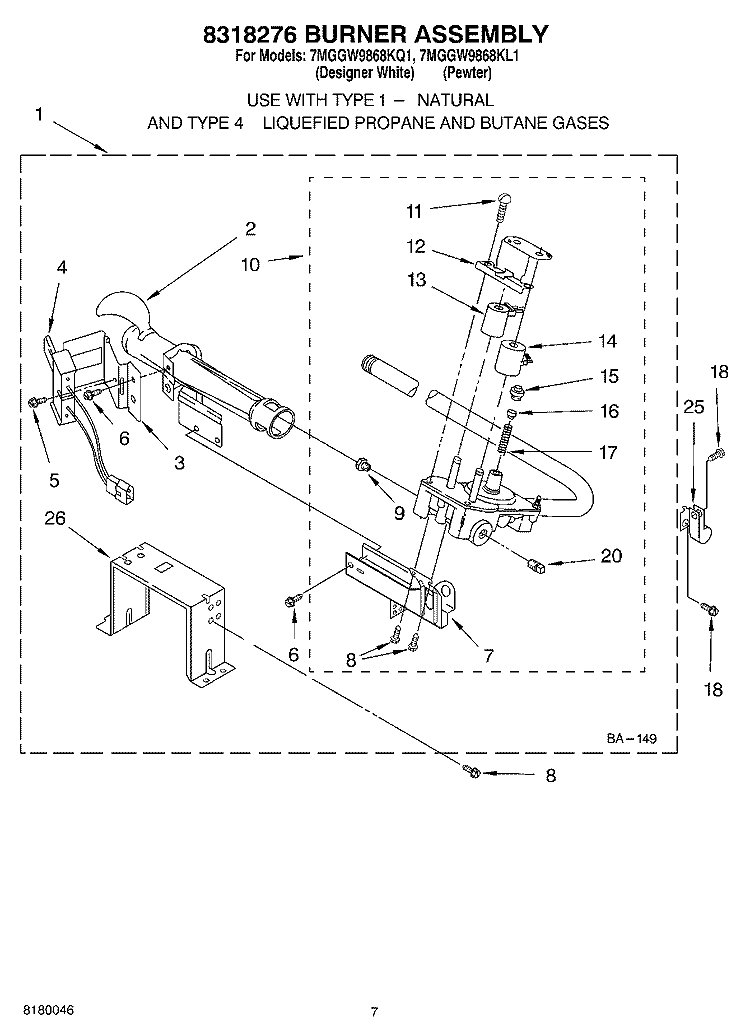 8318276 BURNER ASSEMBLY Diagram and Parts List for 7MGGW9868KL1  Whirlpool Dryer