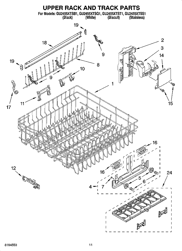 UPPER RACK AND TRACK PARTS Diagram and Parts List for GU2455XTSB1  Whirlpool Dishwasher
