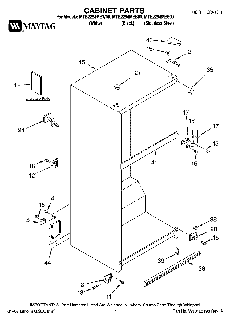 CABINET PARTS Diagram and Parts List for MTB2254MES00  Whirlpool Refrigerator