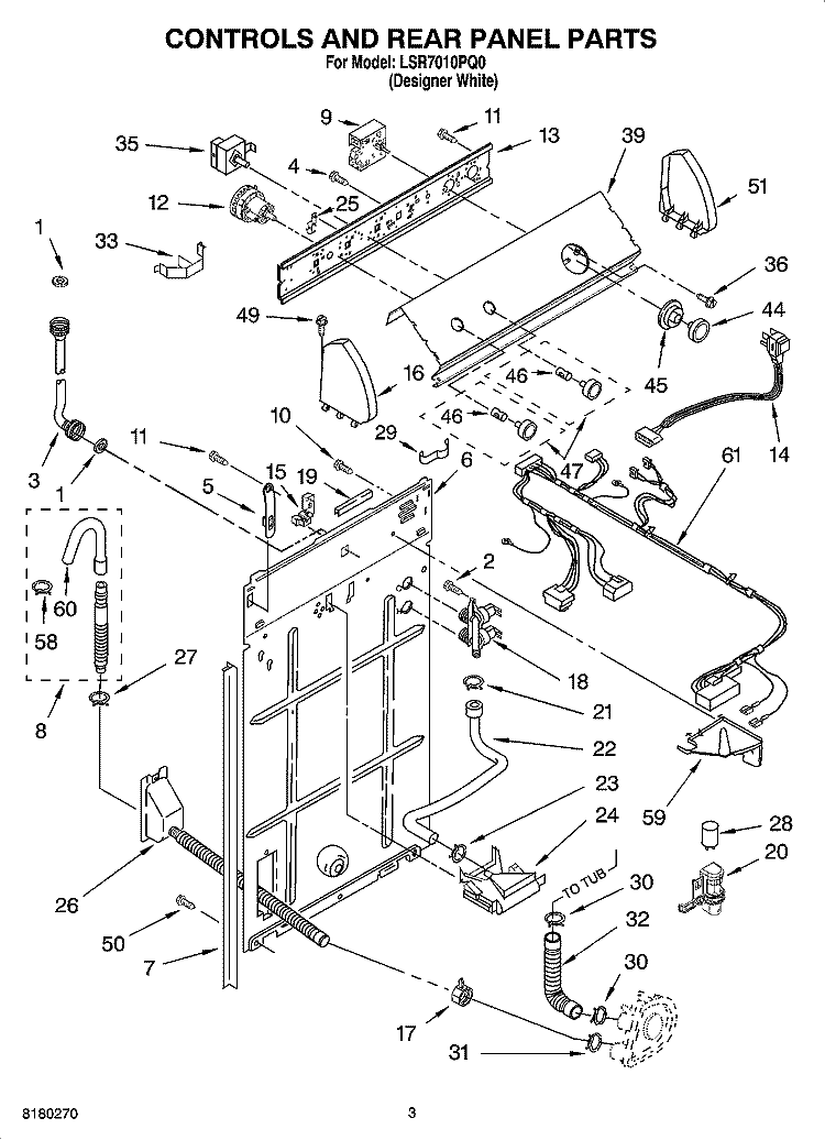 CONTROLS AND REAR PANEL PARTS Diagram and Parts List for LSR7010PQ0  Whirlpool Washer