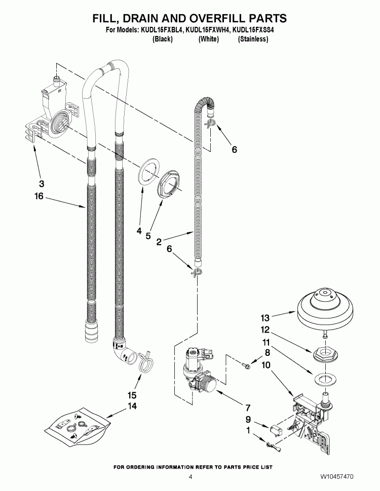 FILL, DRAIN AND OVERFILL PARTS Diagram and Parts List for KUDL15FXWH4  KitchenAid Dishwasher