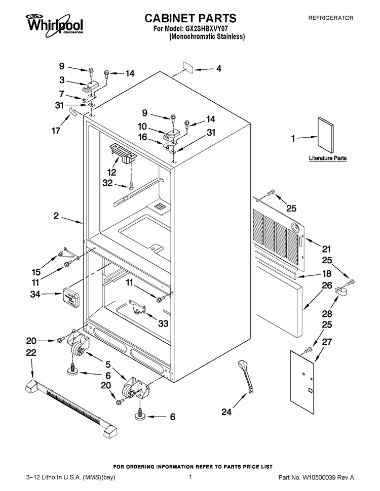 CABINET PARTS Diagram and Parts List for GX2SHBXVY07  Whirlpool Refrigerator