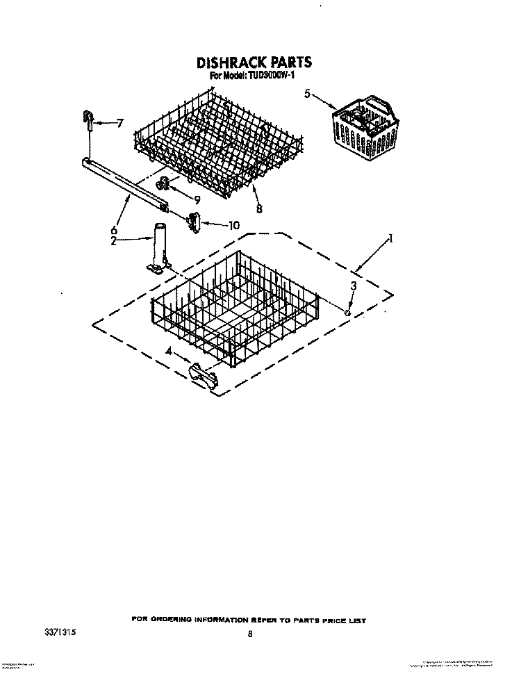 DISHRACK Diagram and Parts List for TUD3000W1  Whirlpool Dishwasher
