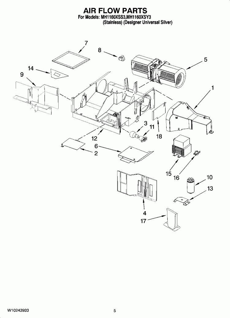 AIR FLOW PARTS Diagram and Parts List for MH1160XSS3  Whirlpool Microwave