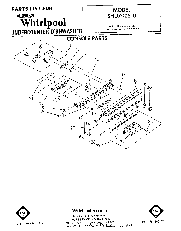 CONSOLE Diagram and Parts List for SHU70050  Whirlpool Dishwasher