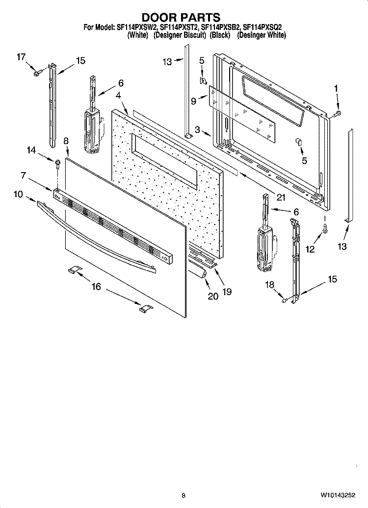DOOR PARTS, OPTIONAL PARTS (NOT INCLUDED) Diagram and Parts List for SF114PXSQ2  Whirlpool Range