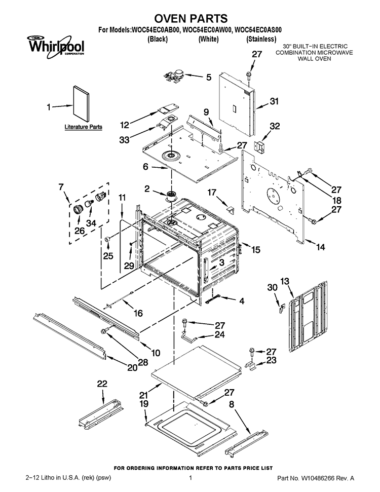 OVEN PARTS Diagram and Parts List for WOC54EC0AW00  Whirlpool Microwave Oven Combo