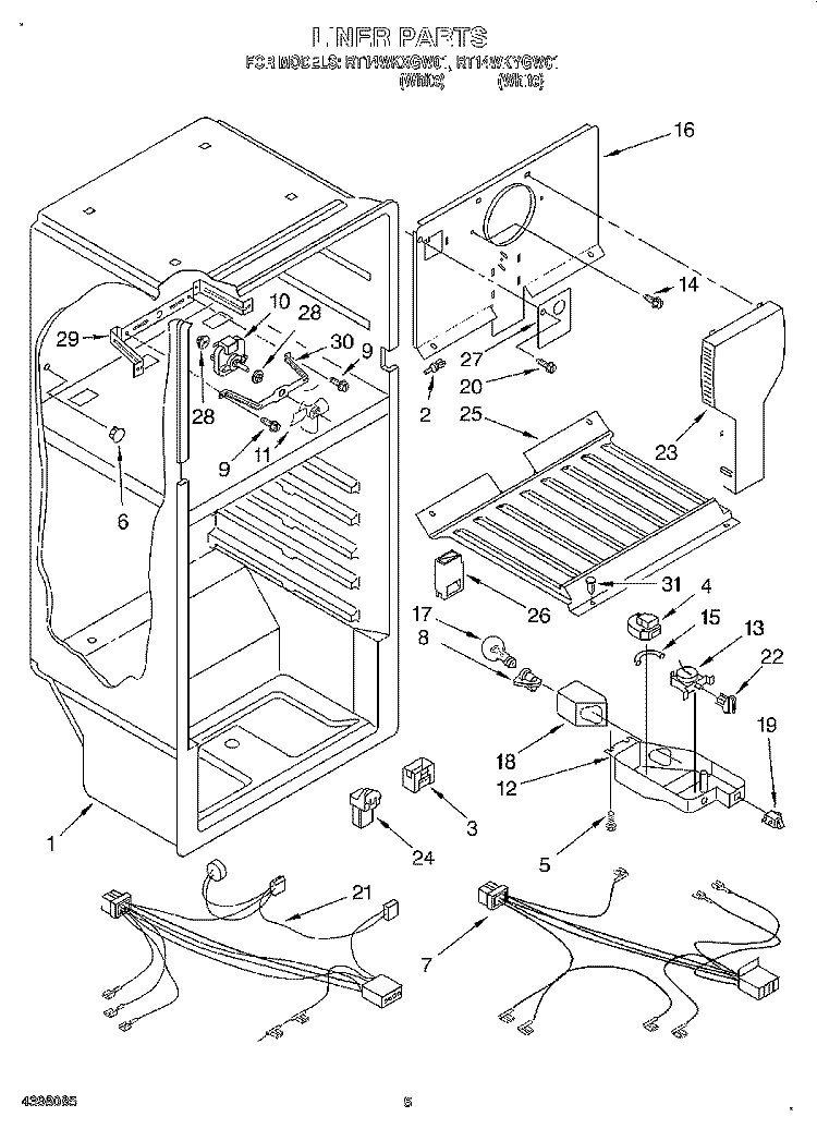 LINER, LIT/OPTIONAL Diagram and Parts List for RT14WKYGW01  Roper Refrigerator