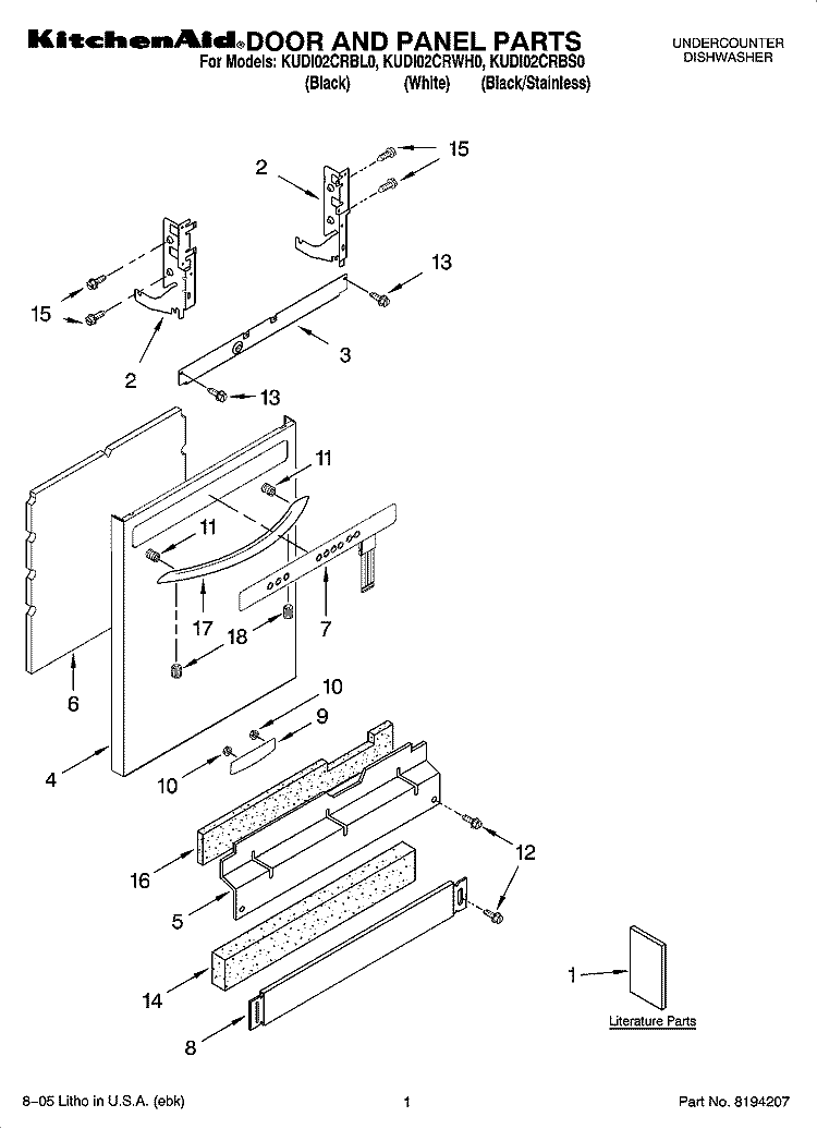 DOOR AND PANEL PARTS Diagram and Parts List for KUDI02CRWH0  KitchenAid Dishwasher
