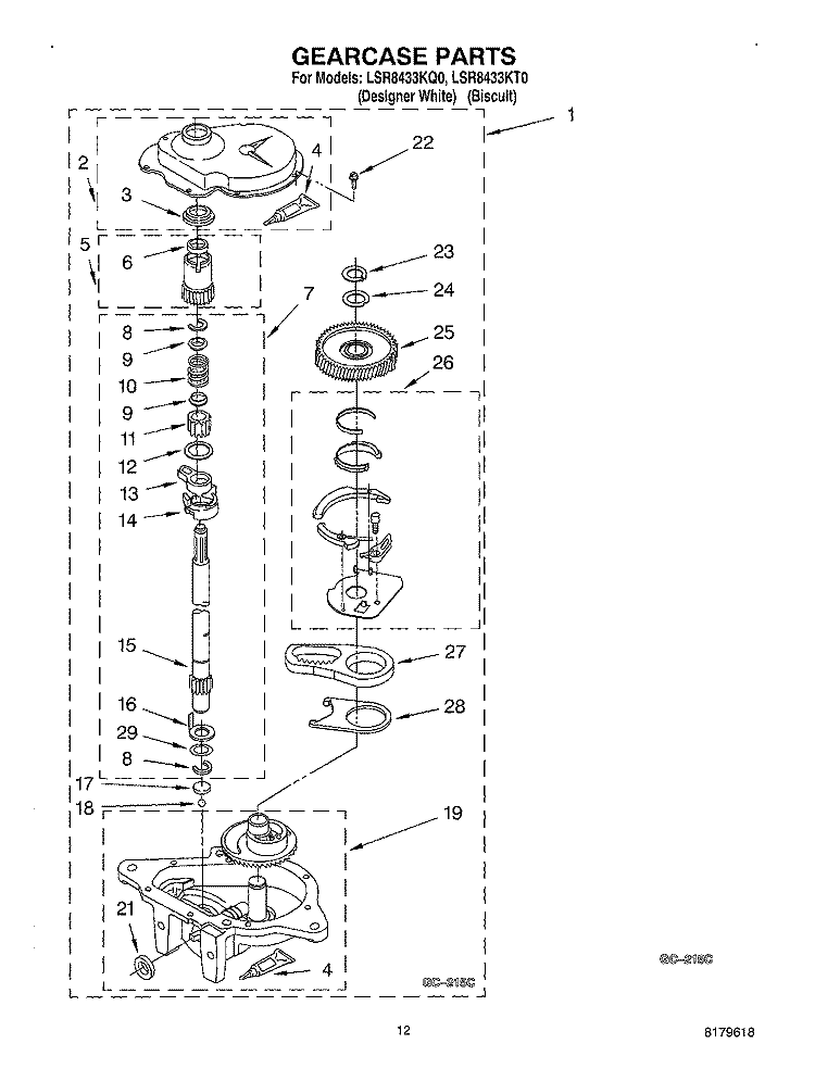 GEARCASE Diagram and Parts List for LSR8433KT0  Whirlpool Washer