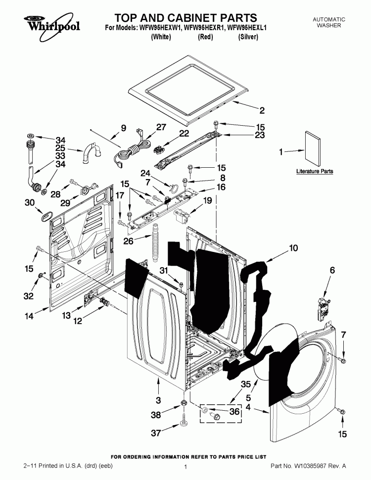 TOP AND CABINET PARTS Diagram and Parts List for WFW95HEXW1  Whirlpool Washer