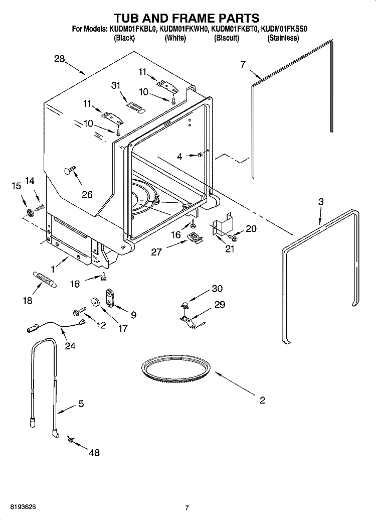 TUB AND FRAME PARTS Diagram and Parts List for KUDM01FKSS0  KitchenAid Dishwasher