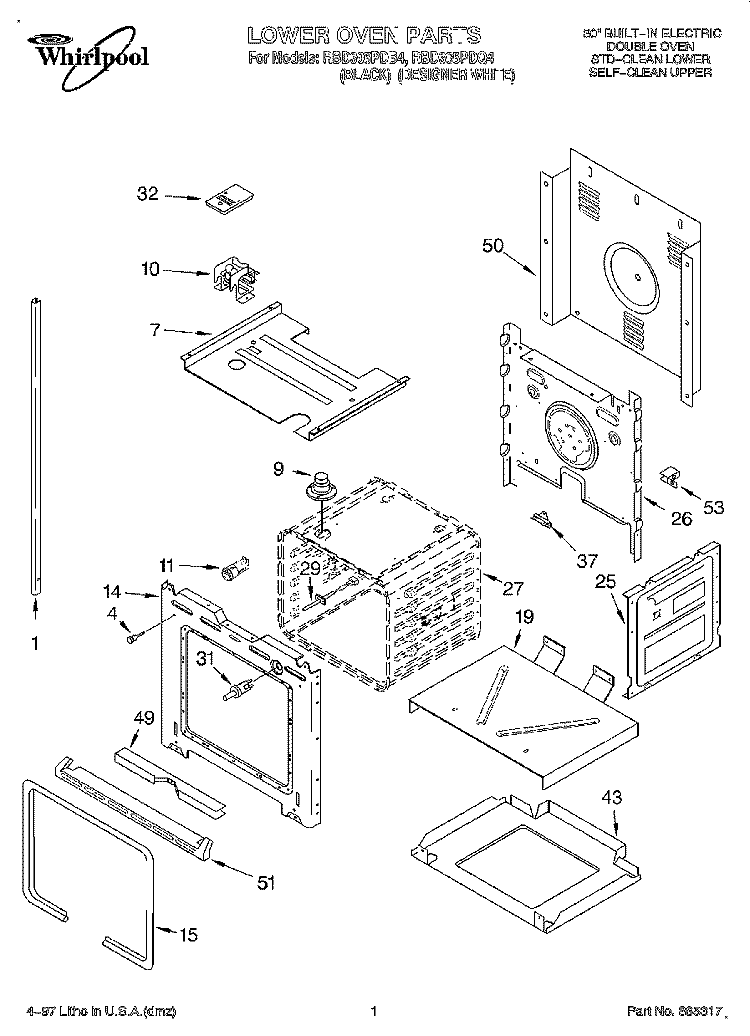 LOWER OVEN Diagram and Parts List for RBD305PDQ4  Whirlpool Wall Oven