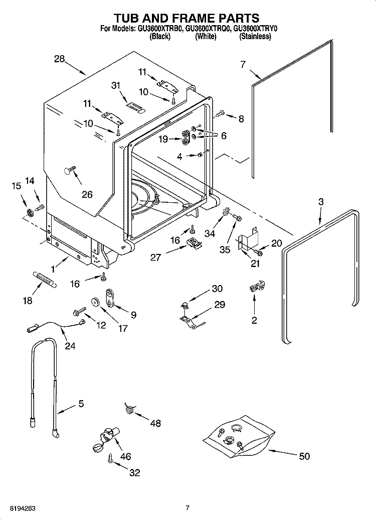 TUB AND FRAME PARTS Diagram and Parts List for GU3600XTRQ0  Whirlpool Dishwasher