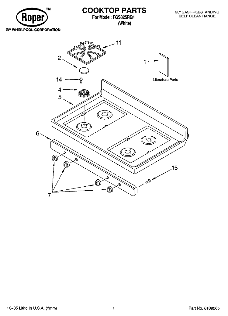 COOKTOP PARTS Diagram and Parts List for FGS325RQ1  Roper Range